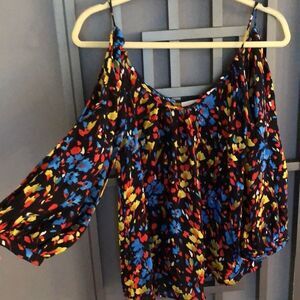 Parker 100% silk Black and blue gold red floral print cold shoulder blouse S